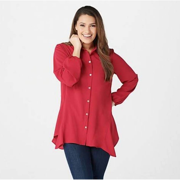 LOGO by Lori Goldstein Red Woven Crepe Blouse with Seaming Detail Sz L - Picture 3 of 9